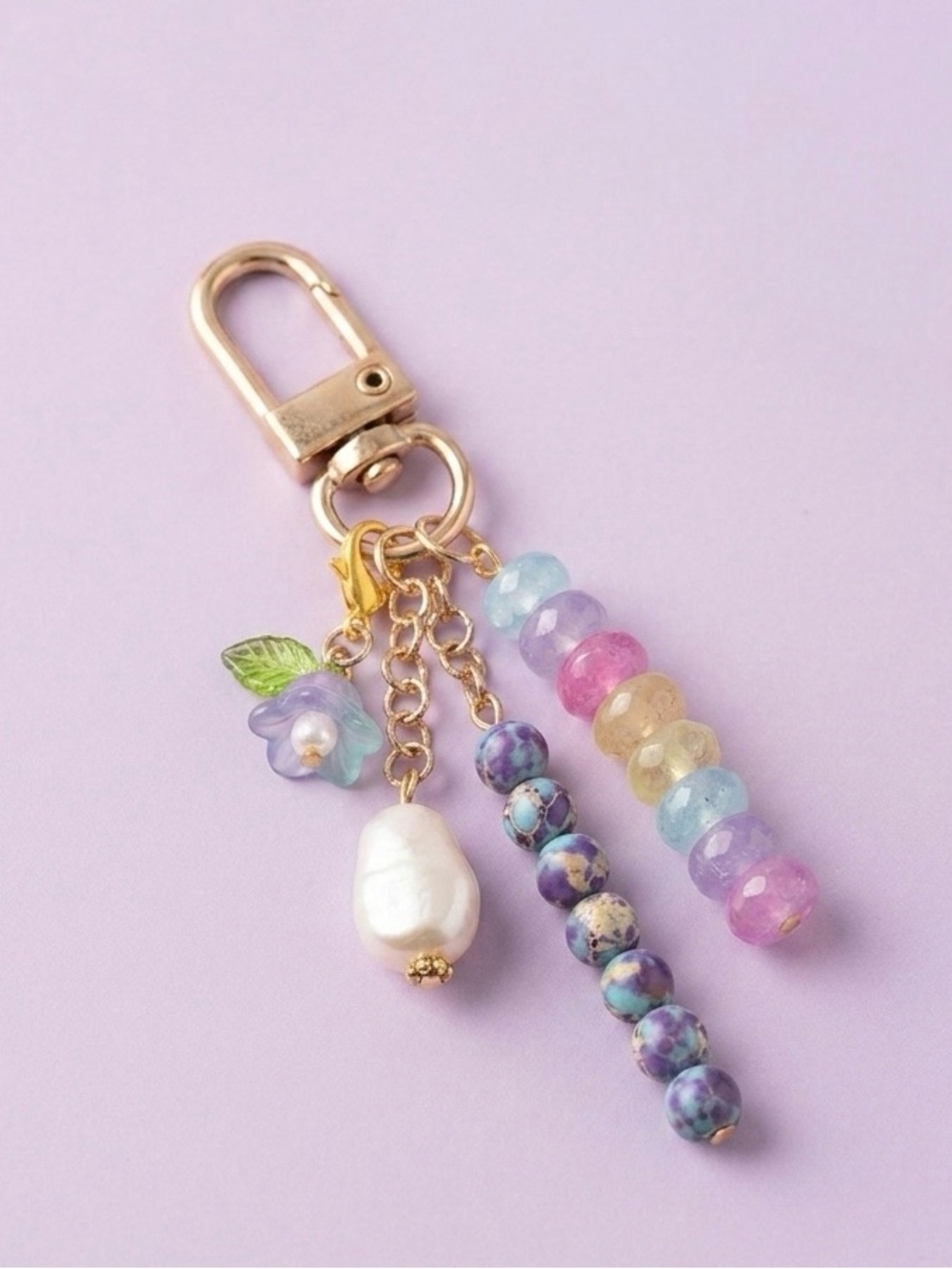 Gold-Tone Pastel Bead & Faux Pearl Bag Charm Keychain